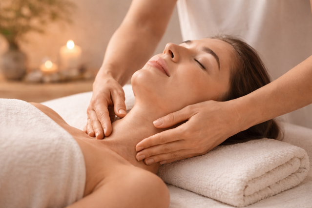 Manuelle Lymphdrainage – sanfte Streichungen im Hals-/Schlüsselbeinbereich, weiche Beige-/Rosé-Töne, ohne Blumen.